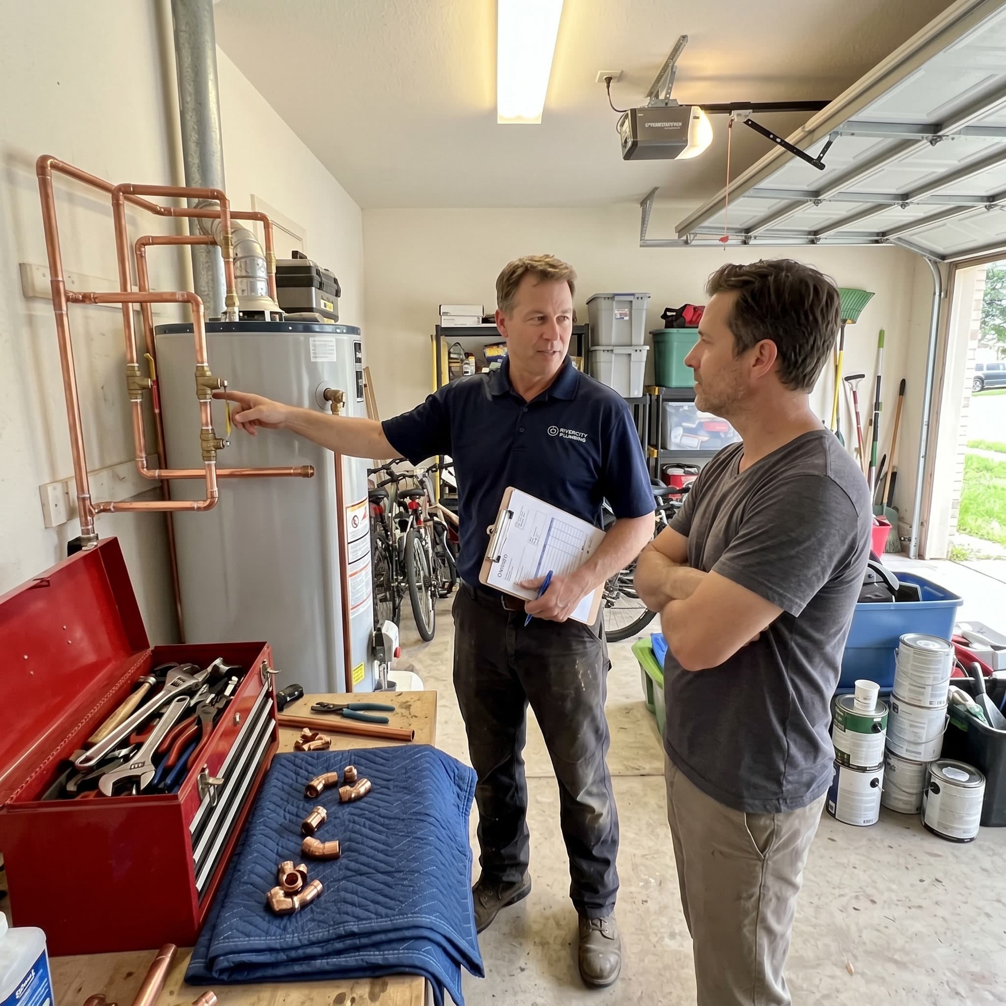 Photo: master plumber explaining the job to a customer
